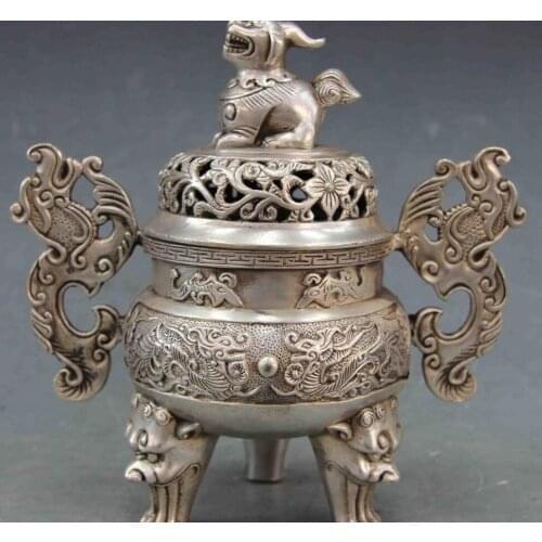 7.5 Chinese White Copper Silver Two Dragon Ear Foo Dog Lion Censer incense burne