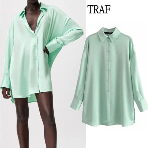 TRAF Za Green Satin Blouse Wome 2021 Spring Long Sleeve Shirts Buttons Blusas Top Women Office Elegant Summer Woman Blouses