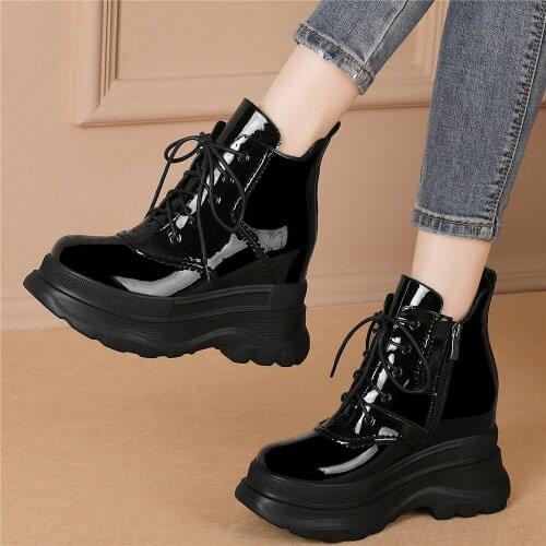 Fashion Sneakers Women Lace Up Genuine Leather Wedges High Heel Ankle Boots Female Round Toe Platform Pumps Shoes Casual Shoes