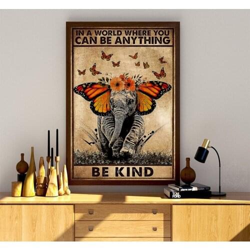 Be Kind Retro Poster Elephant With Butterfly Vintage Prints Mental Health Art Quote Canvas Paitning Wall Pictures Home Decor