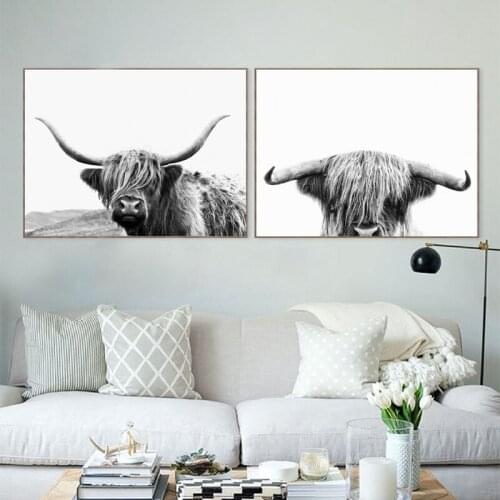 Highland Cow Black and White Posters Print Modern Farm Animals Cattle Photography Canvas Painting Picture Home Wall Art Decor
