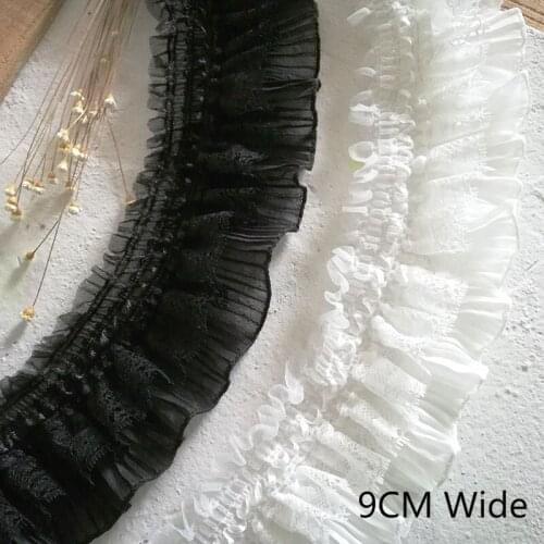 9CM Wide Koreaanse White Black Dubbele Lagen Satin Stretch Kant Stof Elastische Ruffle Trim Handgemaakte Jurk Naaien Accessoires