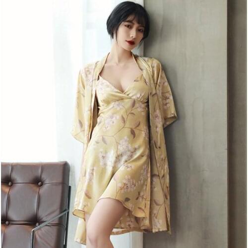Kimono Bath Gown Women Twinset Robe Set Summer Thin Satin Sleepwear Lady Nightgown With Bra Sexy Bathrobe&Suspender Nightdress