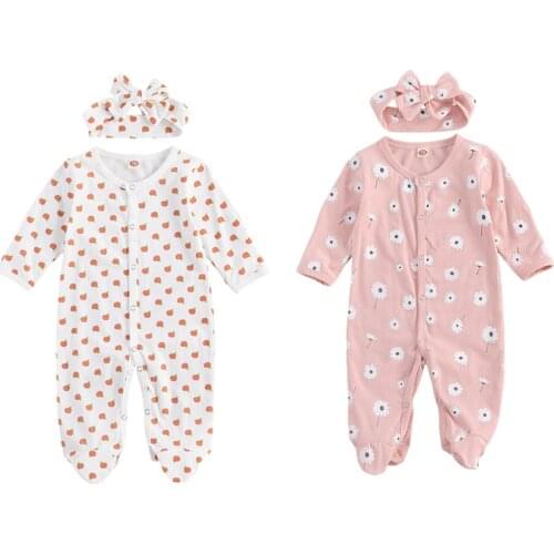 0-12M Newborn Infant Baby Girls Boys Cotton Foot Cover Footies Flower Apple Long Sleeve Jumpsuit Spring Autumn Playsuit Headband