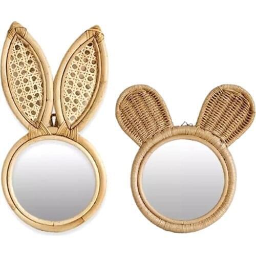 Rattan Innovative Art Decoration Monkey Rabbit Ears Makeup Mirror Dressing Bathroom Wall Hang