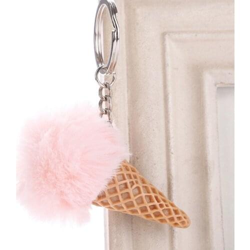 Colorful Ice Cream Plush Toys Fluffy Fur Pom Pom Metal Keyring Stuffed Bag Pendant Key Chain Kids Girls Handbag Toys Gift