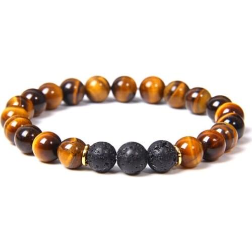Minimalist Natural Yellow Tiger Eye Bracelets Men Elastic Casual Homme Jewelry 8 mm Minerals Black Lava Stone Beads Bracelet