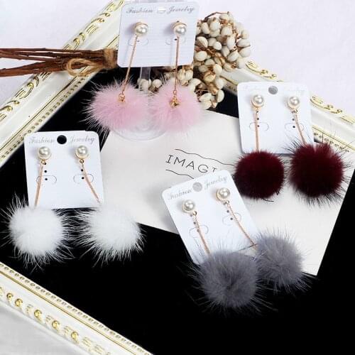 Fall Winter Fashion Chic Mink Fluffy Ball Long Dangle Earrings femme brincos for women Korean Simple Pompom Drop Earring Jewelry