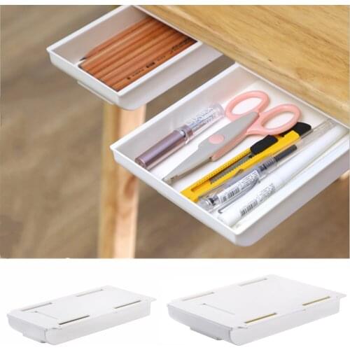 2PCS Office Storage Tray Self Stick Table Bottom Hidden Drawer Wall-Mounted Makeup Brush Holder Home Desk Stationery Organizer