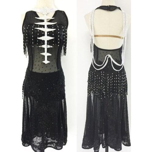 New Latin Dance Costume Women Black Dress Rhinestone Chain Tassel Competition DanceWear Mesh See-Through Prom Dress Salsa BL5391
