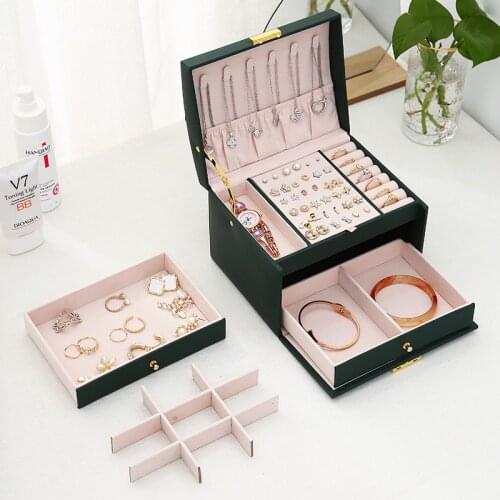 MOONLAY New Design Jewelry Organizer Leather Earrings Rings Storage Classification with Lock Makeup Beauty for Women Girls