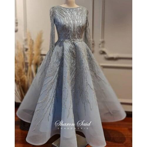 Luxury Dubai Light Blue Muslim Evening Dresses for Women Wedding Party Gowns Long Sleeve Champagne Arabic Midi Formal Prom Dress