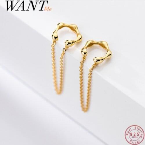 WANTME 925 Sterling Silver Punk Cuban Link Chain Bamboo Tassel Ear Cuffs Earrings Simple Bohemian Hip Hop Party Ear Clip Jewelry