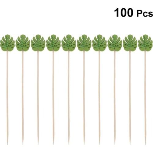 WINOMO 100pcs Disposable Wooden Toothpicks Party Green Leaves Food Fruit Pick Dessert Snack Cocktail Pick Picnic Party Supplies