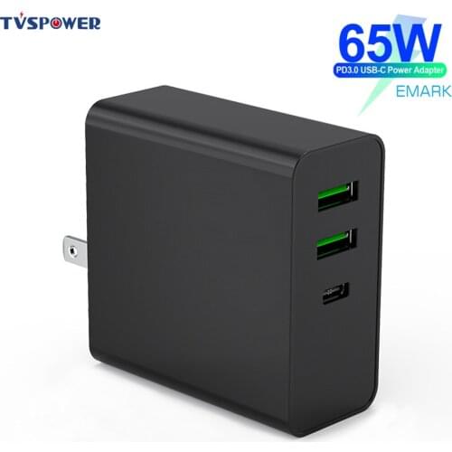 Black 65W 3 Port USB C Charger Quick Charge QC3.0 PD Type C Fast USB Charger For Macbook HP ASUS Laptops Pro iPad iPhone Samsung