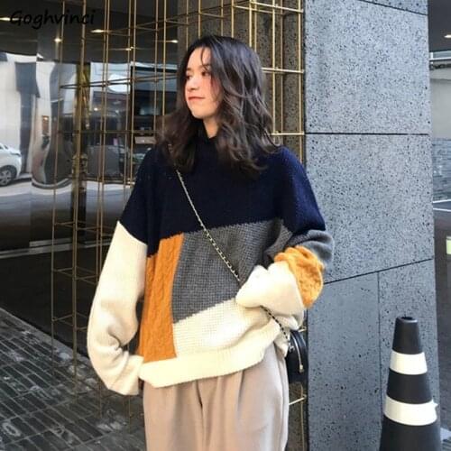 Women Pullovers O-neck Patchwork Elegant Ulzzang Simple Daily All-match Soft Loose Leisure Chic Trendy Sweater Female Autumn New
