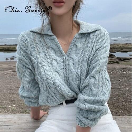 Womens Loose Cable- Knit Sweater Long Sleeve 2021 Autumn V-neck Patchwork Vintage Pullovers Ladies Fashion All-match Knitwear