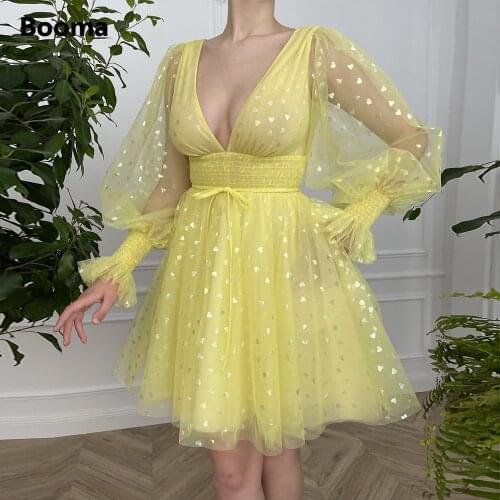 Booma Yellow Sexy V-Neck Mini Prom Dresses Long Sleeves Printed Hearts Tulle Short Wedding Party Gowns 2021 Summer Women Dresses