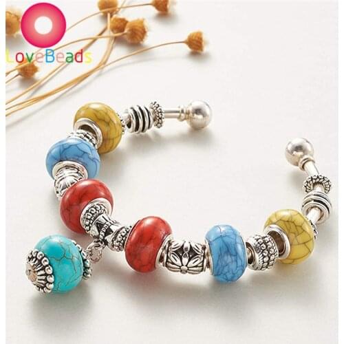 10pcs Mix Silver Plated Color Large Hole Bead Resin Crack Striped European Charm Fit Pandora Bracelet Spacer for Jewelry Making
