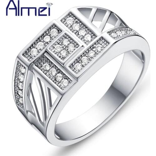 2016 Fashion Unisex Crystal Square Rings for Men Women Wedding Band Silver Color CZ Zircon Punk Ring Korean JewelryAlmei J611