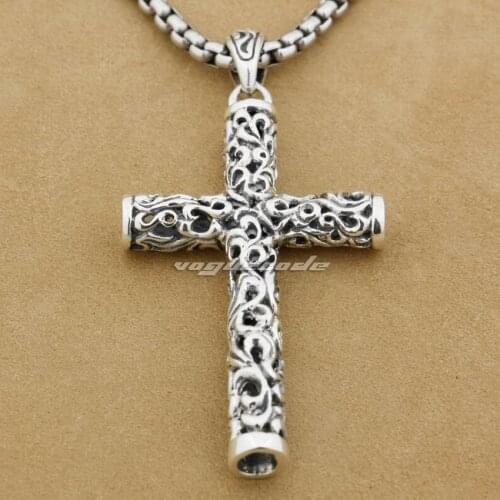 925 Sterling Silver Cylinder Cross Mens Biker Rocker Punk Pendant 9F018