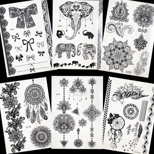Black Pendant Tattoo Stickers Women Body Arm Elephant Water Transfer Tattoo Bracelet Henna Flower Fake Tatoo Supplies Back Paste