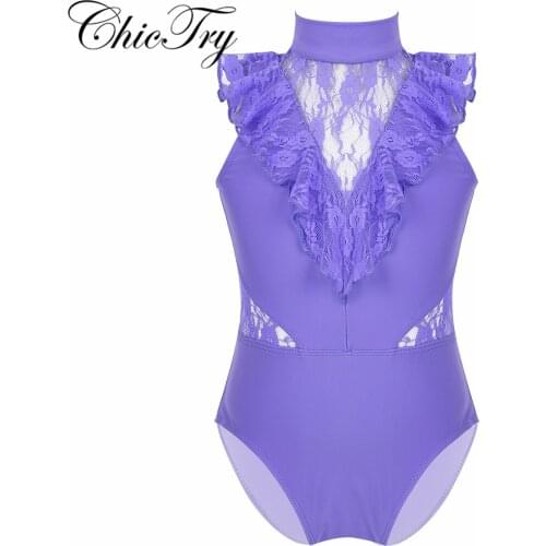 Kids Girls Sleeveless Ruffled Ballerina Lace Splice Back Zipper Closure Ballet Dance Gymnastics Performance Leotard Jumpsuit