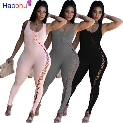 HAOOHU Woman Lace Up Hollow Out Jumpsuit for Women Sleeveless Sexy Bodycon One Piece Overall Romper 2021 Street Outfits