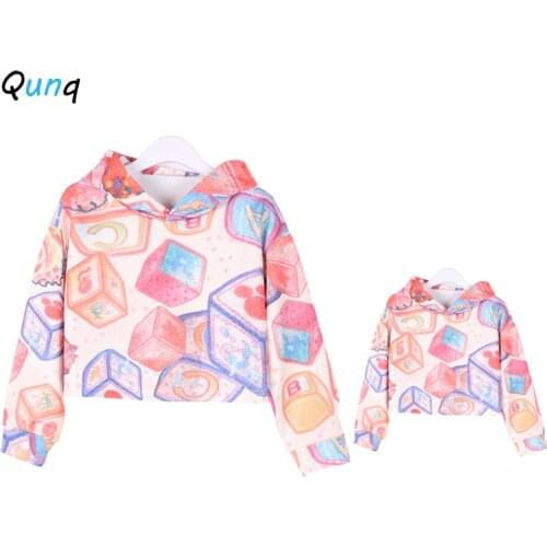 Mother Daughter Hoodies 2021 New Family Matching Clothes Women Kids Girl Cartoon Rubiks Cube Prints Mommy and Me Sweatshirt