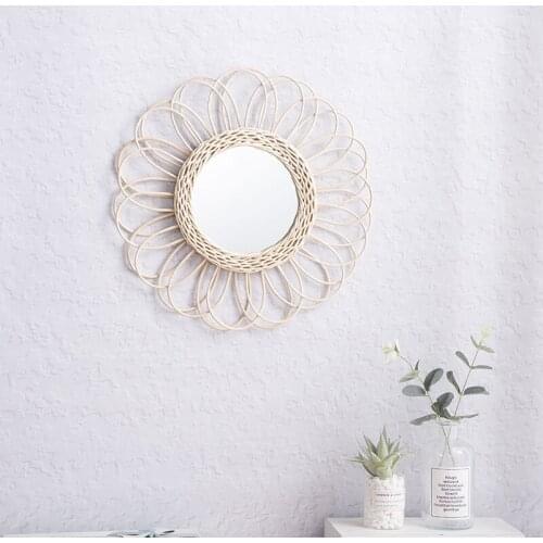 Handmade rattan round makeup mirror innovative art decoration dressing table bathroom wall mirror crafts wall decoration
