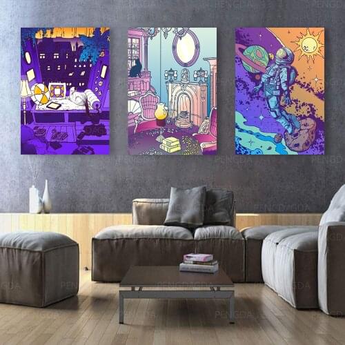 Modular Comics Cat Canvas Painting HD Prints Astronaut Poster Frame Modern Home Decor Wall Art Pictures For Bedside Background