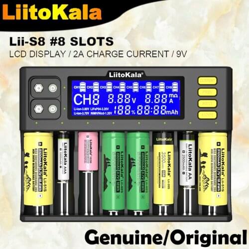 Original LiitoKala Lii-S8 LCD Battery Charger Li-ion3.7V NiMH 1.2V Li-FePO4 3.2V IMR 3.8V for18650 26650 21700 26700 AA AAA 9V