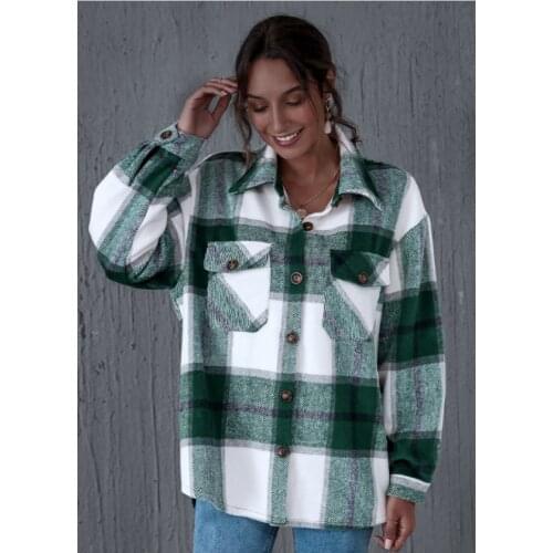 2020 Autumn Casual plaid shirt women coats Buttons pockets female jackets coat Streetwear ladies spring Loose coats outerwear
