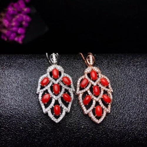 Natural red coral gem pendant S925 silver Natural gemstone Pendant Necklace trendy Leaf Grape string women party gift jewelry