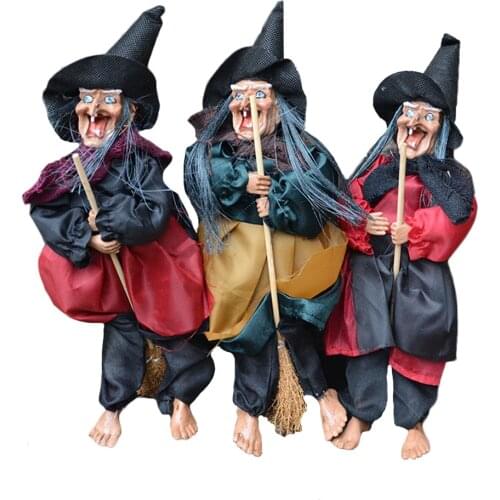 Amawill Halloween Hanging Horror Witch Dolls Toys Voice Control Prop Ghost Scary Riding Broom Bar Wall Hang Home Garden Decor