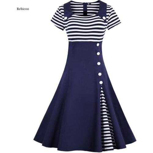 Plus Size Women Pin Up Red White Striped Patchwork Dress Retro Short Sleeve Botton Docorated 1950S Vintage Dress