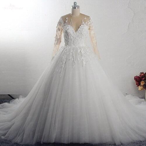 RSW1549 Robe De Mariee Illusion Back Buttones Flower Dress Princess Full Sleeves Wedding Gowns