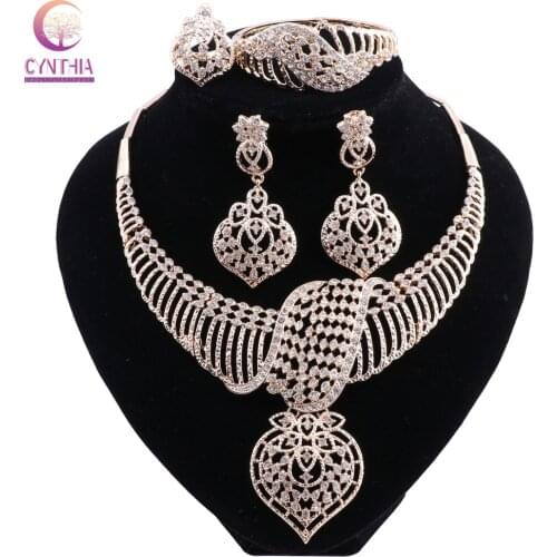 Wedding African Women Trendy Bridal Dubai Gold Color Necklace Bride Crystal Earring Ring Classic Jewelry Set