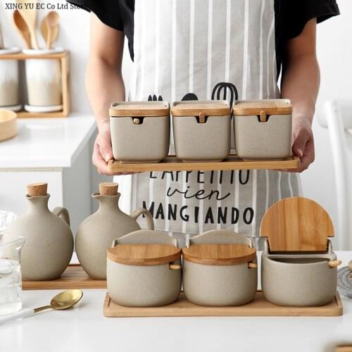 Japanese Style Creative Simple Bamboo Cover Ceramic Seasoning Pot Kitchen Seasoning Box Moisture-proof Salt Pot Three-piece Set