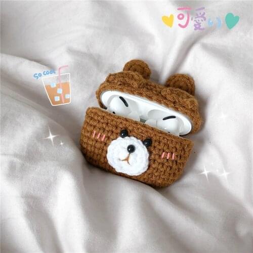Knitted Brown Bear Protective Case Skin Sweater Cover Silicone Headset Box Knitting Wool Earphone Cover for AirPods pro 2/3