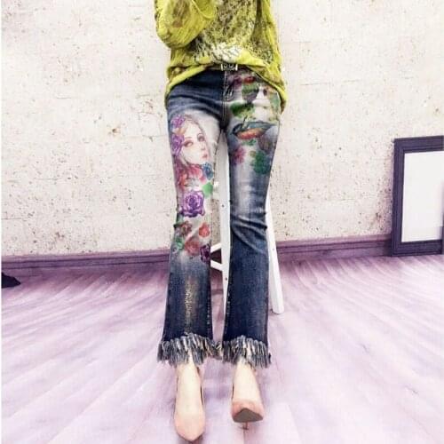 Womens Casual Denim Skinny Pant Femme Pencil Jeans Trousers Bronzing Painted Pattern Jeans Denim Trousers tassel/Free Belt