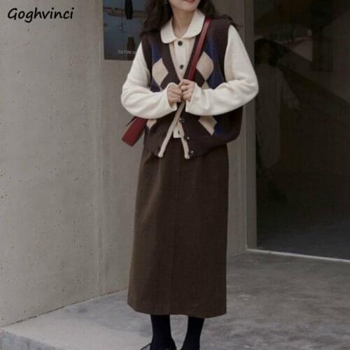 Women Sets 3 Pieces Vintage Retro Japanese Style Peter Pan Collar Button Shirts Argyle Knitted Vests Split Skirts Preppy Ulzzang