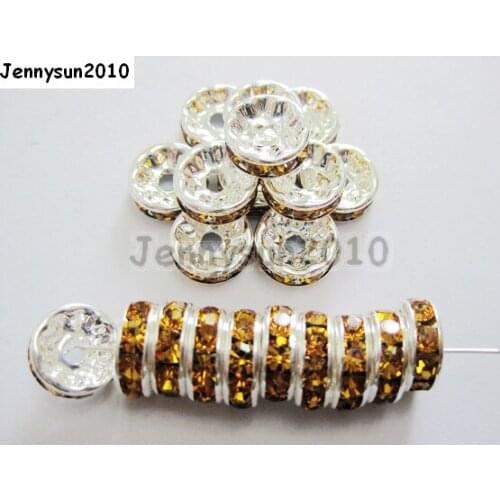 200pcs/lot 7mm Top Quality Czech Crystal Topas Rhinestone Pave Rondelle Metal Silver Plated Spacer Loose Beads Jewelry Making