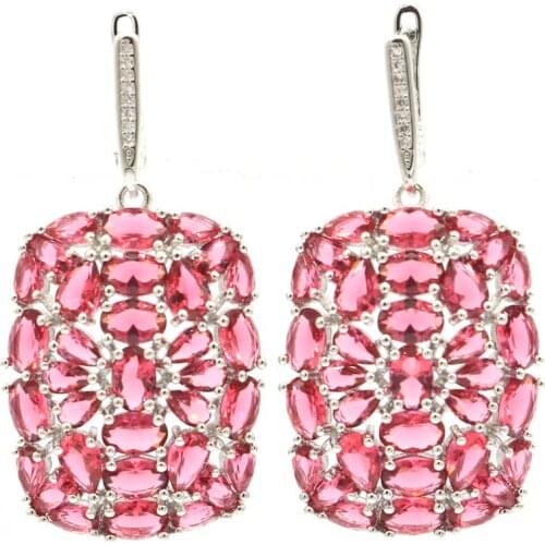 48x24mm 2020 New Arrival Created Pink Raspberry Rhodolite Garnet Bright Zircon Dating Ladies Silver Earrings