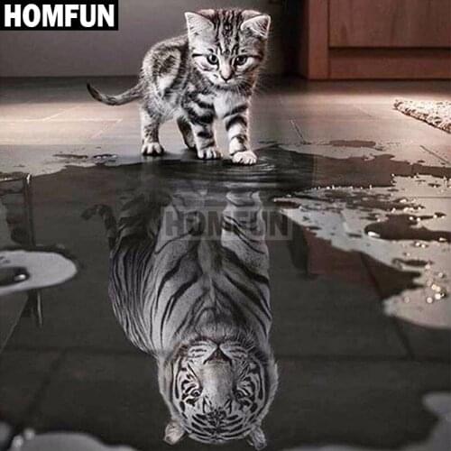 HOMFUN Full Square/Round Drill 5D DIY Diamond Painting "Cat & Tiger" Embroidery Cross Stitch 5D Home Decor Gift A02604