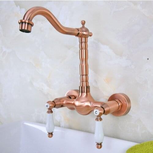 Antique Red Copper Brass Wall Mounted Bathroom Kitchen Sink Faucet Swivel Spout Mixer Tap Dual Ceramics Handles Levers anf948