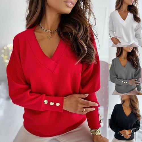 2020 Fashion Women Elegant Blouses Deep V Neck Long Sleeve Buttons Solid Color Blouse Basic T-shirt Pullover Female Clothing