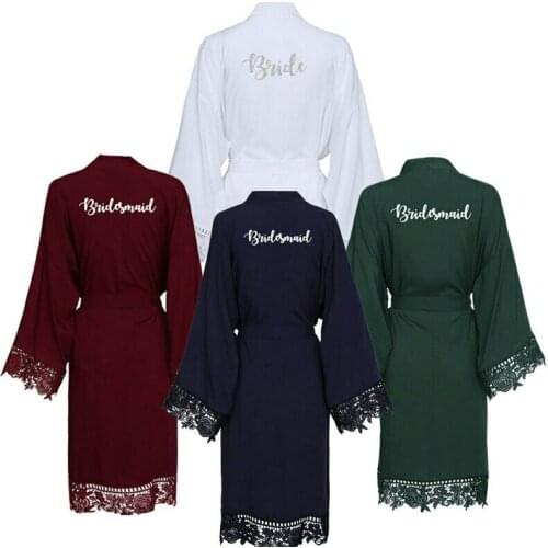 Solid Cotton Kimono Robes with Lace Trim Women Wedding Bridal Robes Bathrobe Sleepwear Bridesmaid Robes Bathrobe