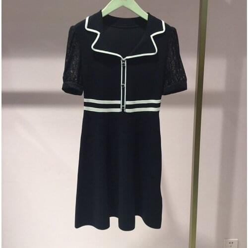 Classy Mesh Lace Sleeves Lady Black White Color Block Knitted Dress Short a Line Summer Spring Grace Robe Vestido