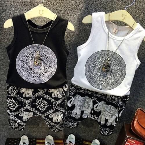 TUONXYE 1-5 Years Boys Fashion Short Sleeve Clothes Set Kids Retro Style Elephant Cartoon Tee Tops+Pants Set Children Clothing